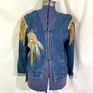 Vintage 90’s Vintage Wanted! By Beads Beautiful Fringed Denim Jacket M L Blazer